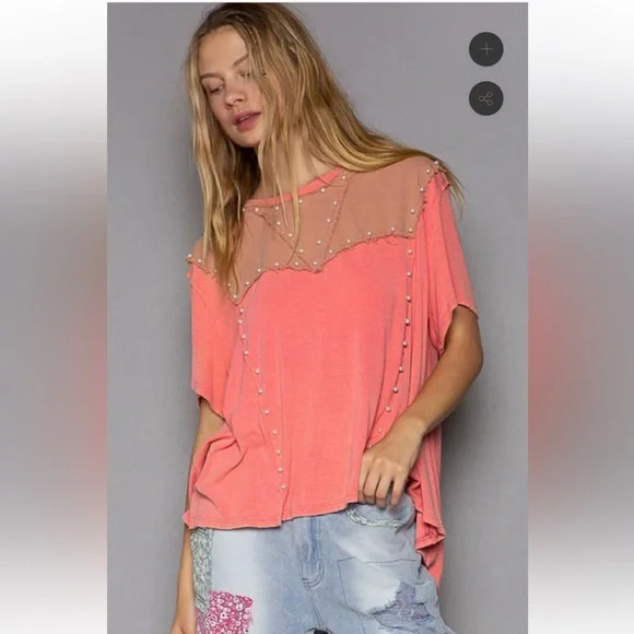 POL Oversize Pearl Embellished Ribbed Top Size Small Watermelon Pink - Picture 11 of 12